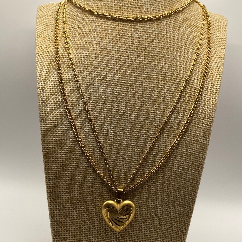 Vendome Necklace Gold Tone Vintage Heart Pendant Double Strand Chain 30 Inch